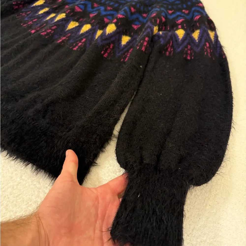 Fuzzy Fair Isle Pullover Women’s Sweater - Black with Purple Pink Gold & Blue - Picture 3 of 6